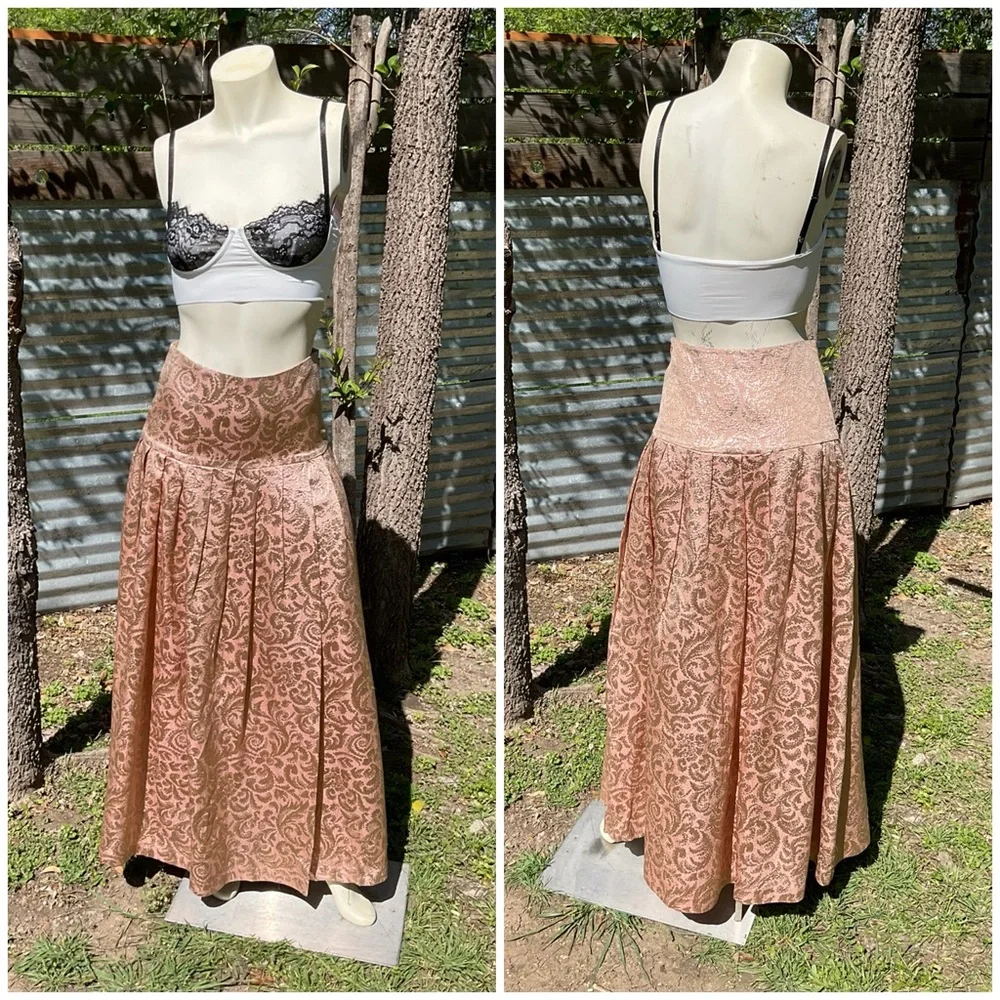 Bebe Jacquard Lamé Metallic Rose Gold Pleated Brocade Maxi Skirt Small